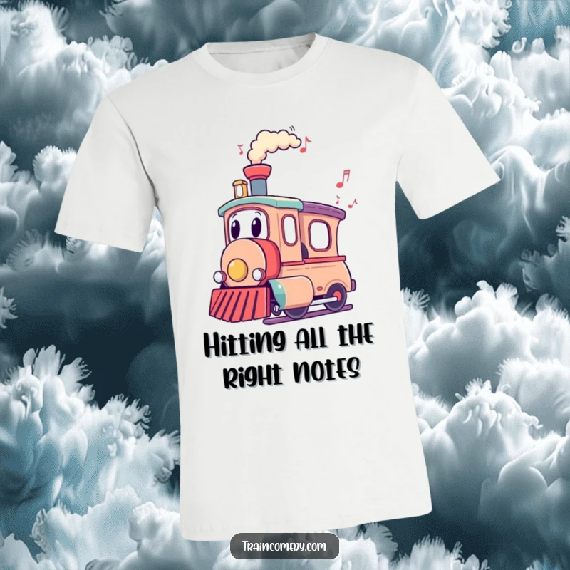 Funny Train T-Shirt: A train character emits musical notes from its chimney, spreading funny, harmonious vibes.
