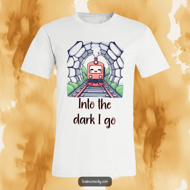 Funny Kawaii Train T-Shirt: A giggling kawaii train character enters a tunnel, radiating pure, unadulterated joy.
