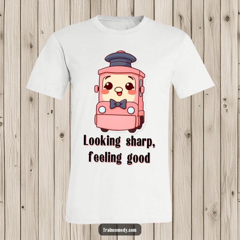 Funny Train T-Shirt: A silly train character sporting a tiny hat and bow tie poses with funny, sophisticated charm.