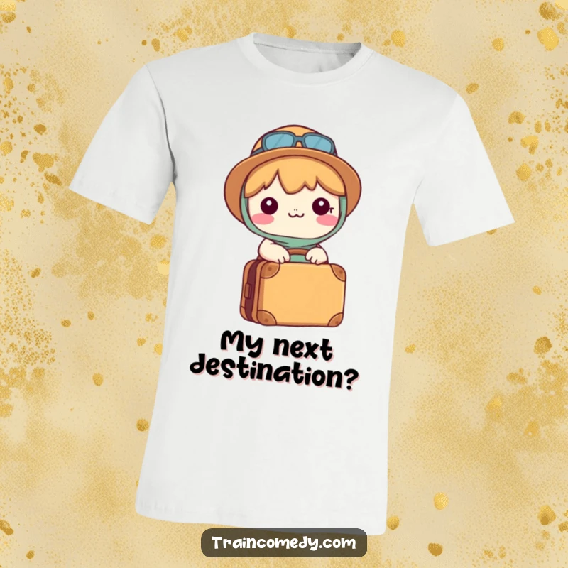 Funny Kawaii t-shirt featuring a happy character holding a packed suitcase, signaling readiness for exciting adventures.