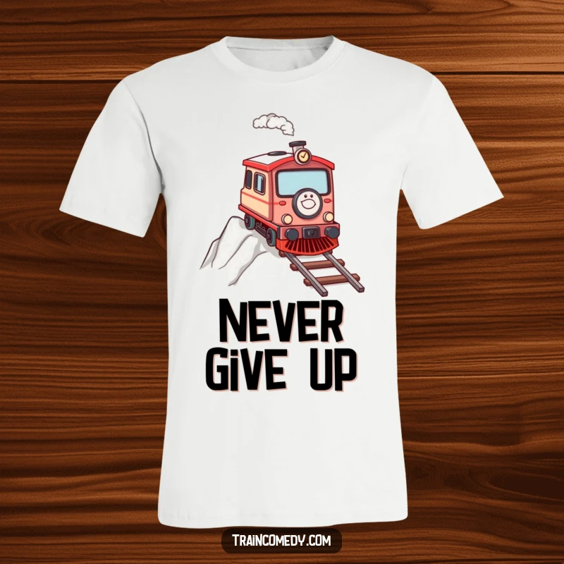 Determined train character pushing hard up a steep incline, printed on a t-shirt.