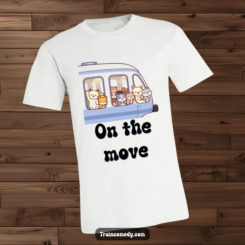 Funny t-shirt depicting cheerful animals waving enthusiastically from train windows during a fast journey. A vibrant and humorous design for animal enthusiasts.