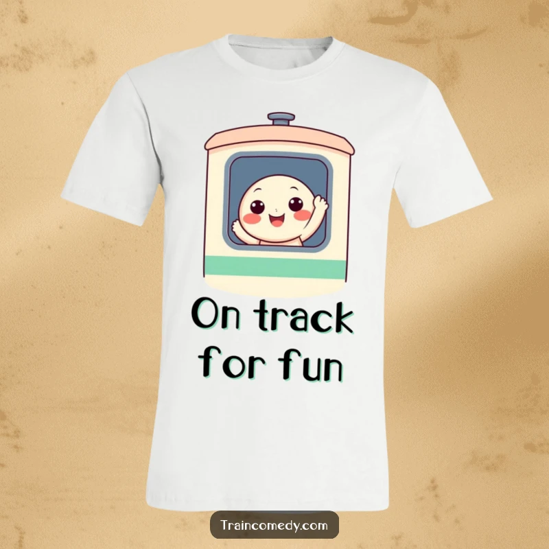 Funny, round, smiling character waving from a stylized train window on a comfortable and soft cotton t-shirt, spreading cheer.