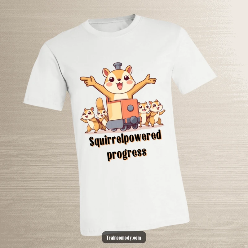 Funny t-shirt depicts a train character with arms wide open, pulled by a squad of flying squirrels, celebrating teamwork and wild, imaginative journeys.