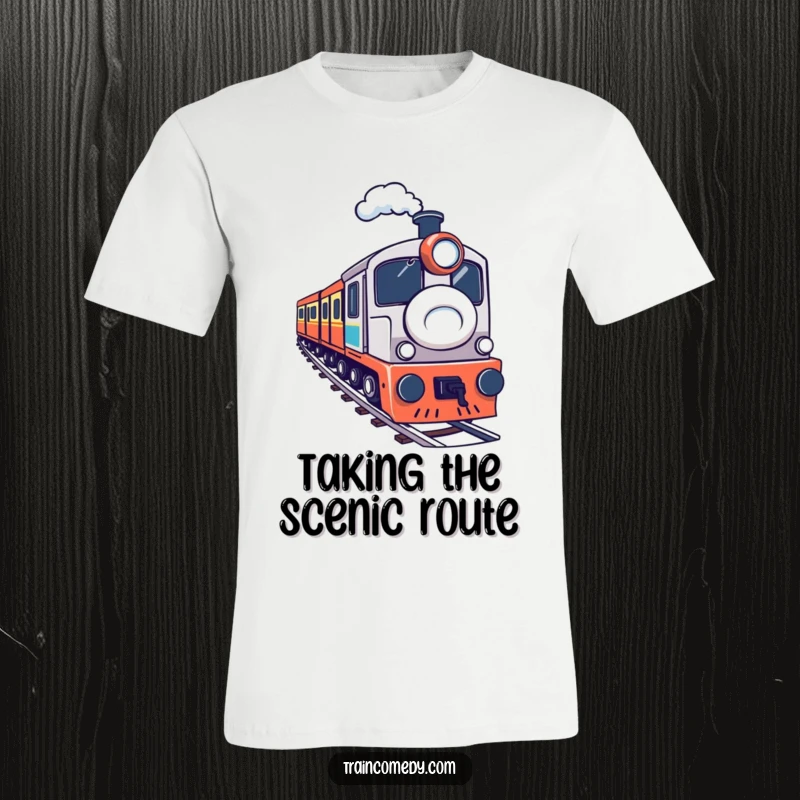 A determined train navigating a sharp curve, creating a dynamic and humorous scene on a t-shirt. Excellent funny gift.