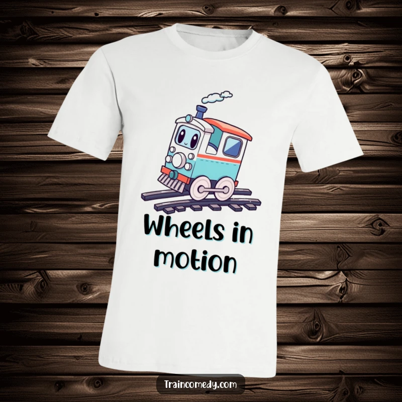 Funny playful train character performing a cartwheel on train tracks, full of energy and fun, perfect for a t-shirt.
