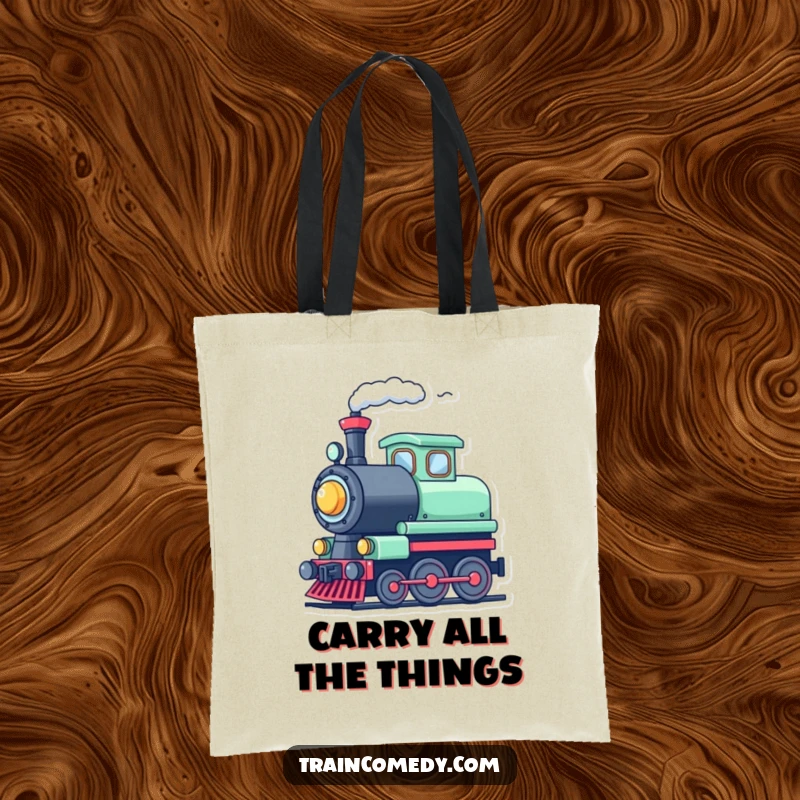 Funny cute train character tooting its whistle, depicted on a practical tote bag for carrying items with humor.