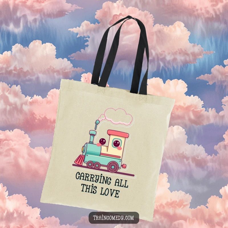 Funny cute train character puffing a heart-shaped cloud, symbolizing love and travel, a durable and humorous tote bag.