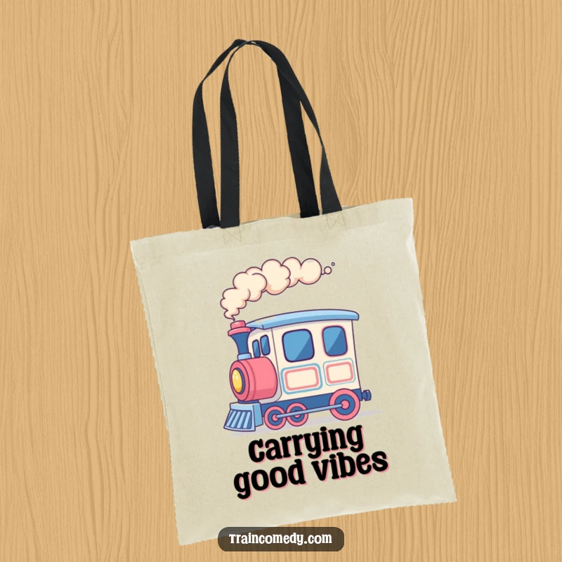 Funny train tote bag, cheerful train car blowing colorful smoke rings, perfect for carrying items with flair.