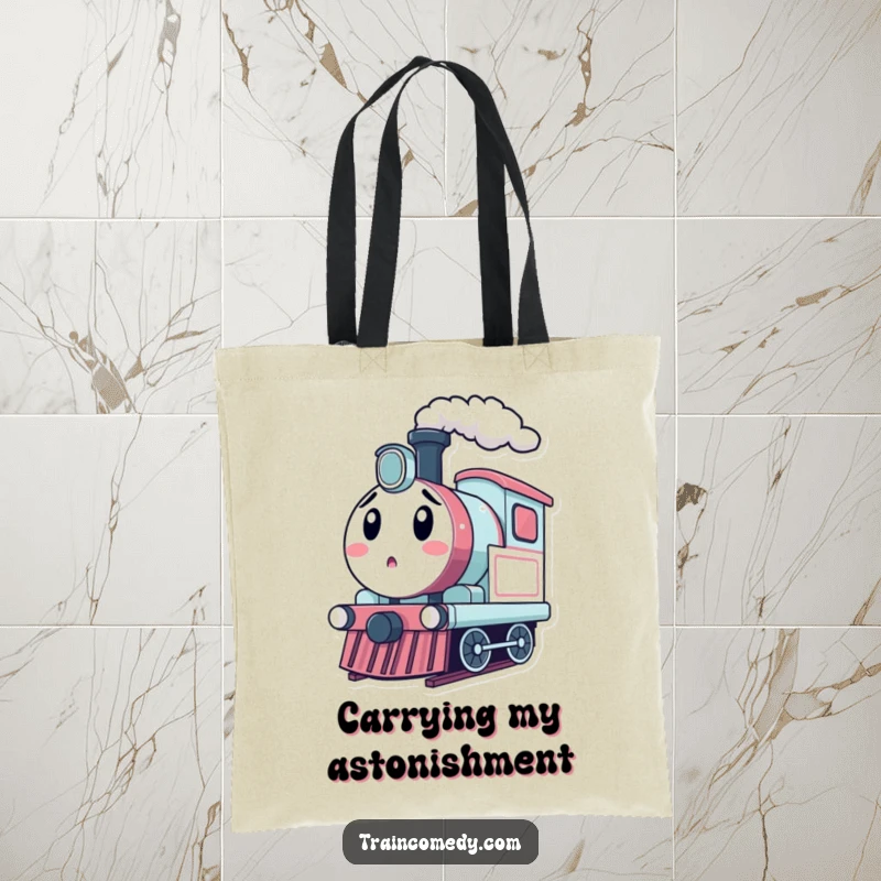 Funny kawaii train engine puffing steam with a surprised look, depicted on a functional tote bag.