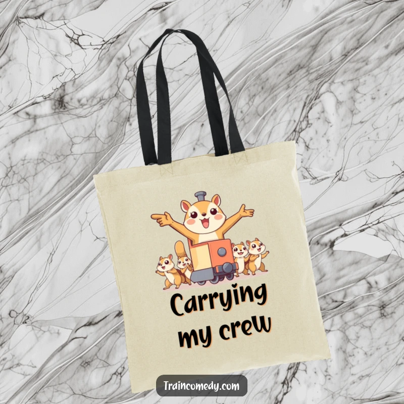 Funny tote bag shows a train character with open arms being pulled by flying squirrels, ideal for errands with a quirky and adventurous statement.