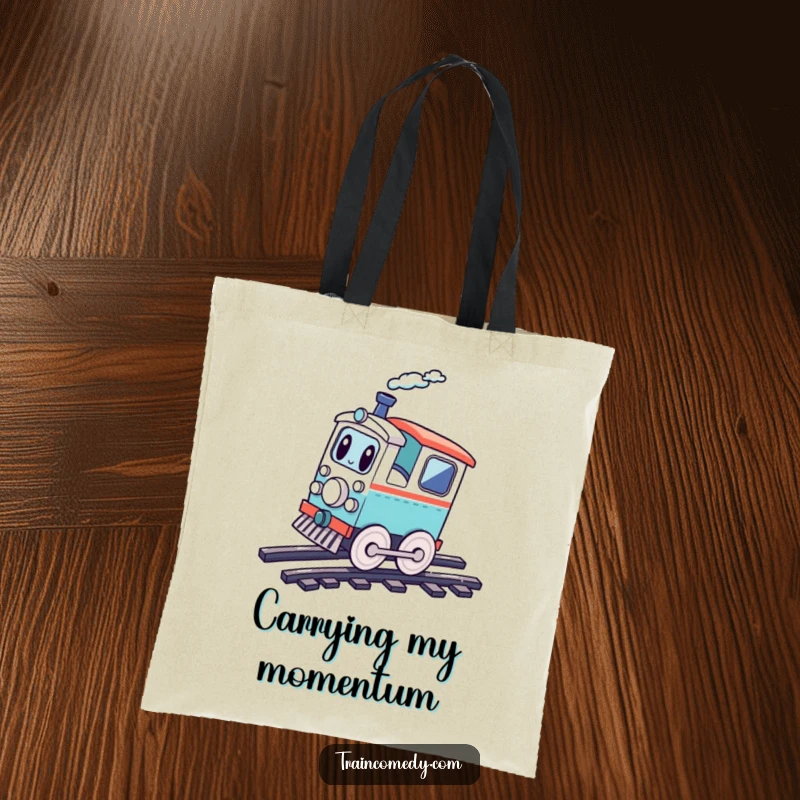 Funny playful train character doing a cartwheel on tracks, symbolizing joy and movement, a durable and humorous tote bag.