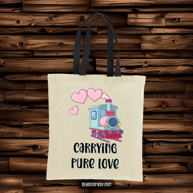 Funny tote bag depicting a Kawaii train car emitting smoke shaped like hearts, perfect for everyday use.