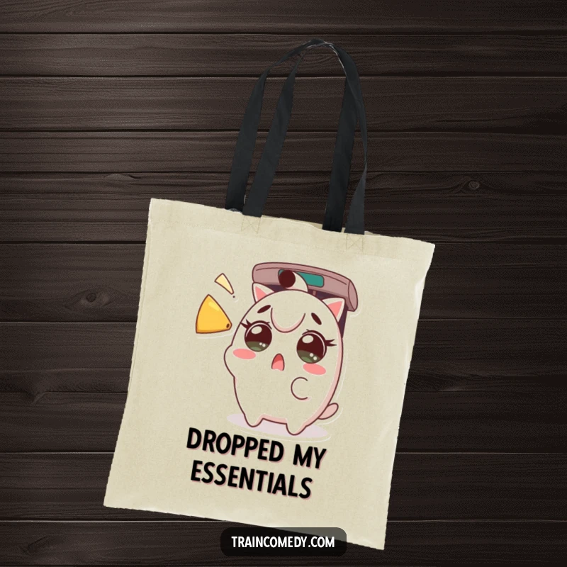 Funny Tote Bag: Surprised Kawaii character eyes wide at a train horn blast, a humorous and functional funny gift.