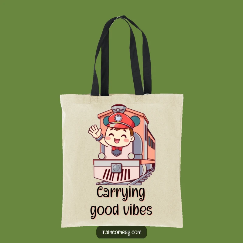 Funny Cheerful Conductor Tote Bag: Carry Smiles with Waving Train Fun, Great Gift!