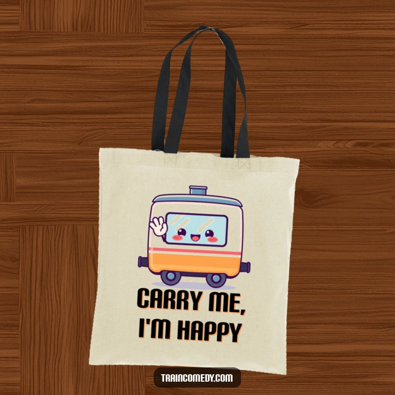 Funny kawaii train car character waving from its window on a practical and cheerful tote bag.