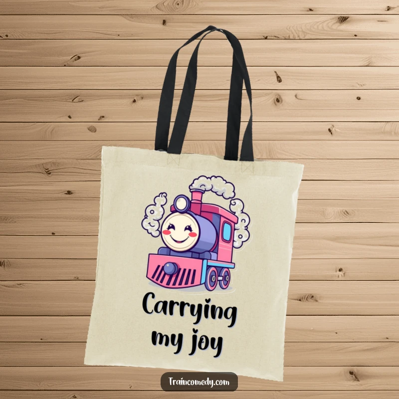 Funny tote bag depicting a happy train engine character blowing smoke rings shaped like cheerful smiley faces, a humorous and practical accessory.