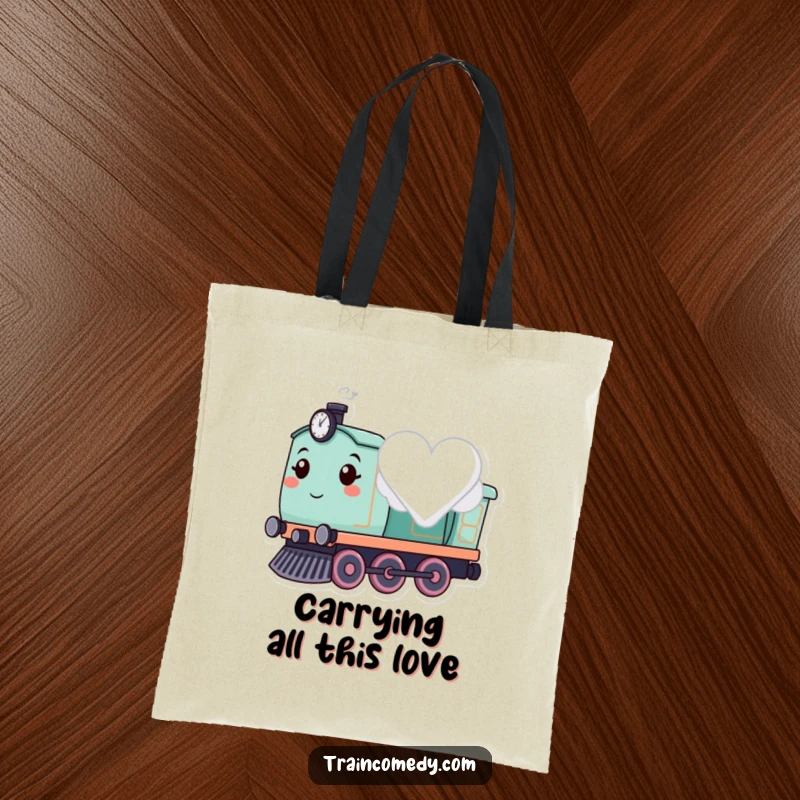 Cute smiling train character puffing a heart cloud, featured on a romantic tote bag.