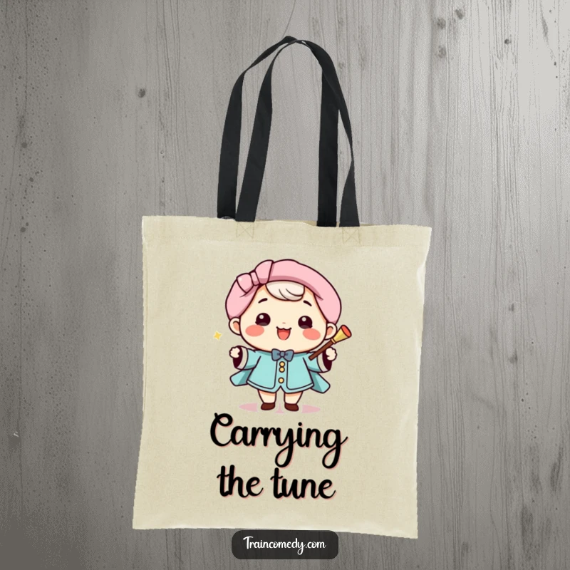 Funny Tote Bag: Smiling Kawaii conductor with a baton, ready to direct, a functional and funny gift.