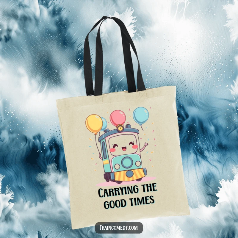 Funny kawaii train character surrounded by confetti and balloons, depicted on a practical tote bag for a cheerful shopping experience.