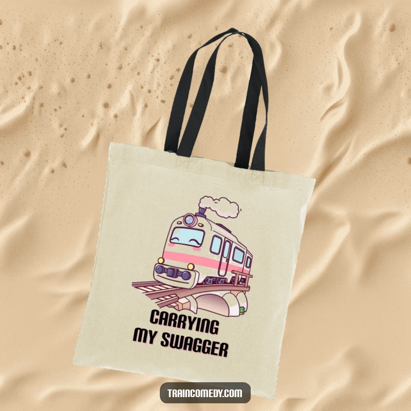 Funny Kawaii Train Tote Bag: A kawaii train winks playfully while crossing a bridge, a humorous accessory.