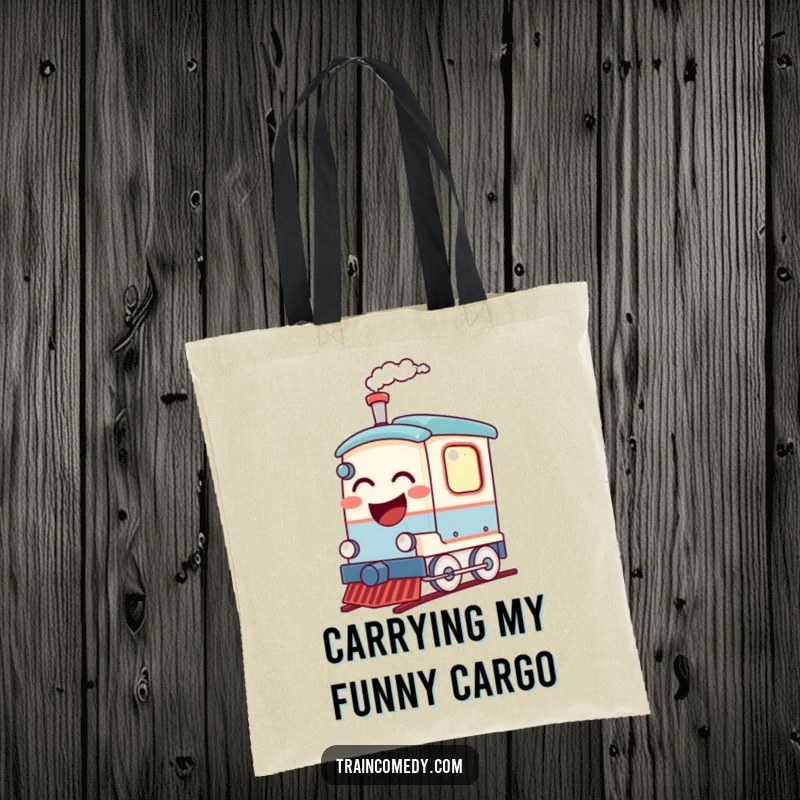 Funny tote bag with a happy, laughing train car, its steam whistle puffing cheerfully. Ideal for carrying items with a smile.