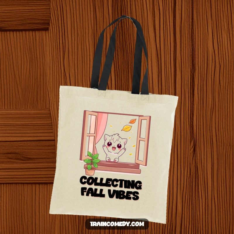 Funny tote bag showing a mischievous character comically trying to catch a falling leaf from a window, ideal for carrying treasures.