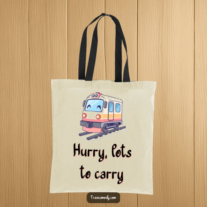 Funny train tote bag with a character leaning dynamically, illustrating powerful acceleration and a sense of urgency.