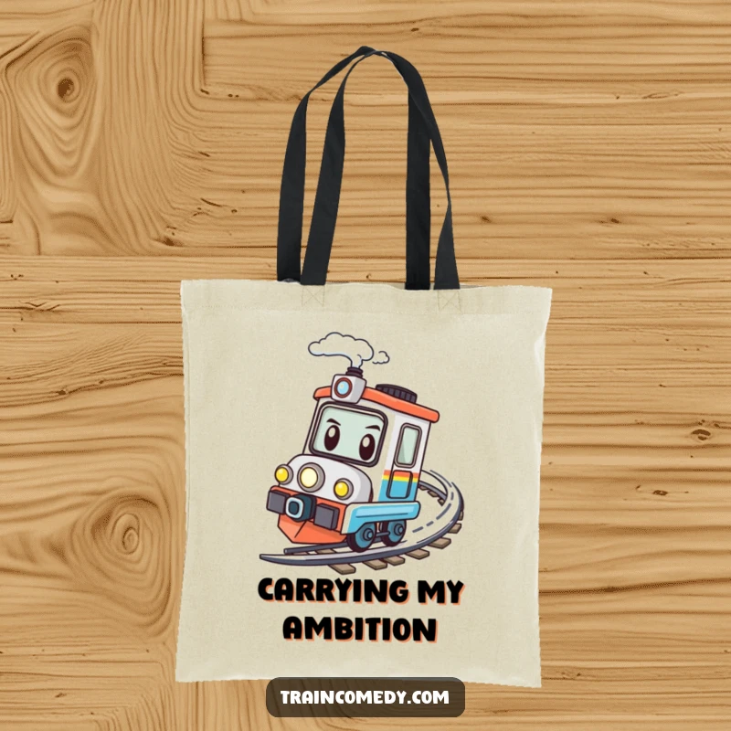 Funny kawaii train character determinedly speeding around a bend on a practical and speedy tote bag.