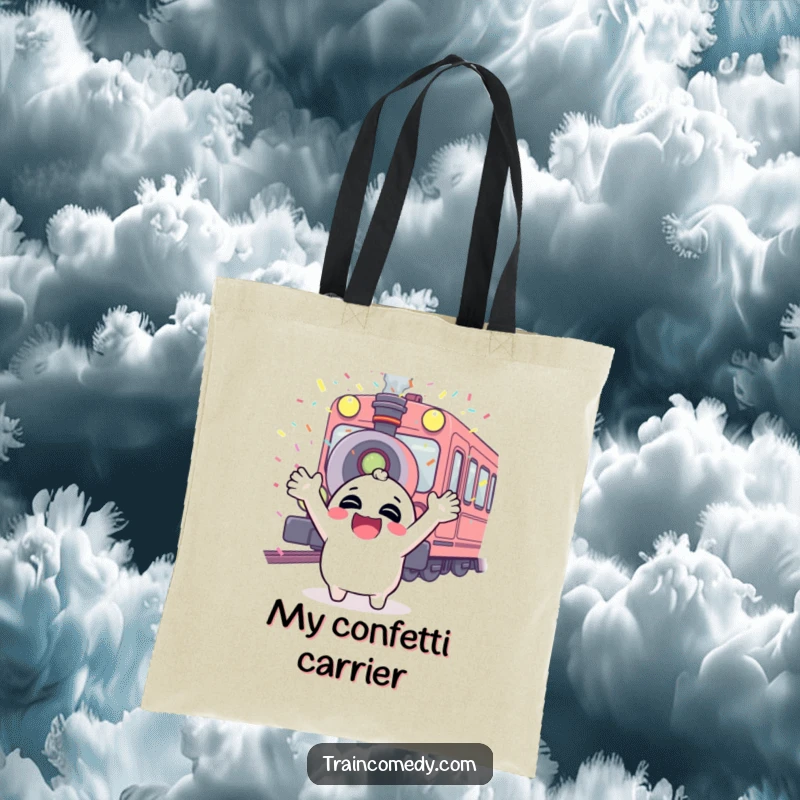 Funny tote bag showing a giggling character with arms up, confetti falling from a train whistle, a scene of pure happiness.