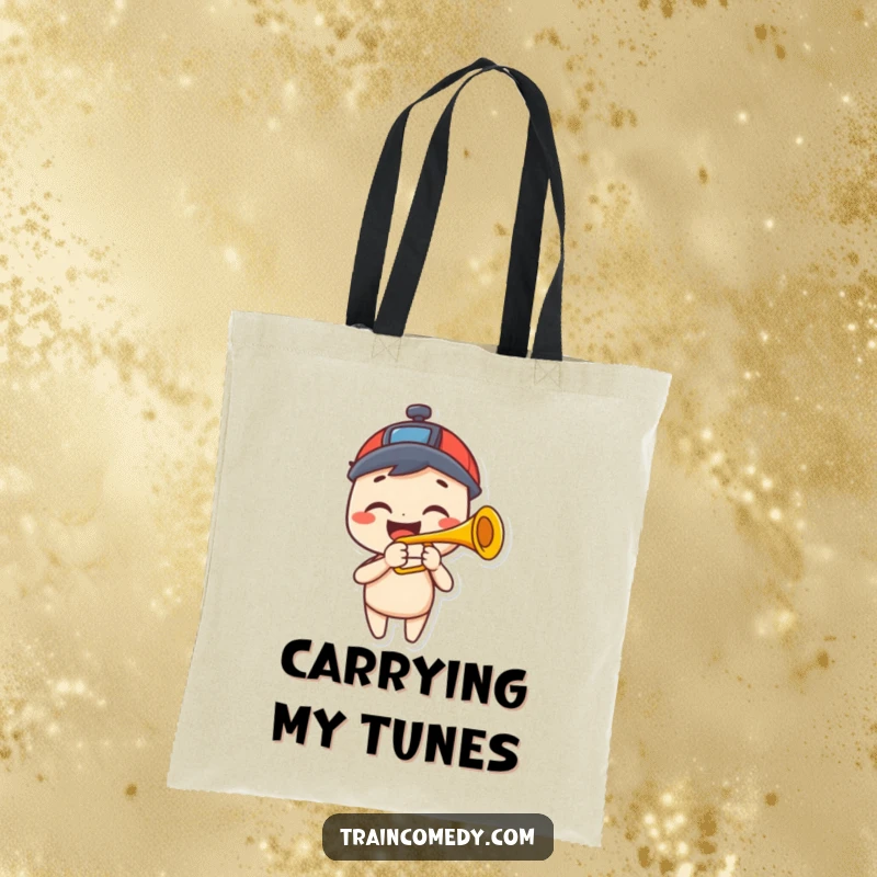 Funny tote bag with a happy character grinning widely while playing a trumpet that looks exactly like a train horn.