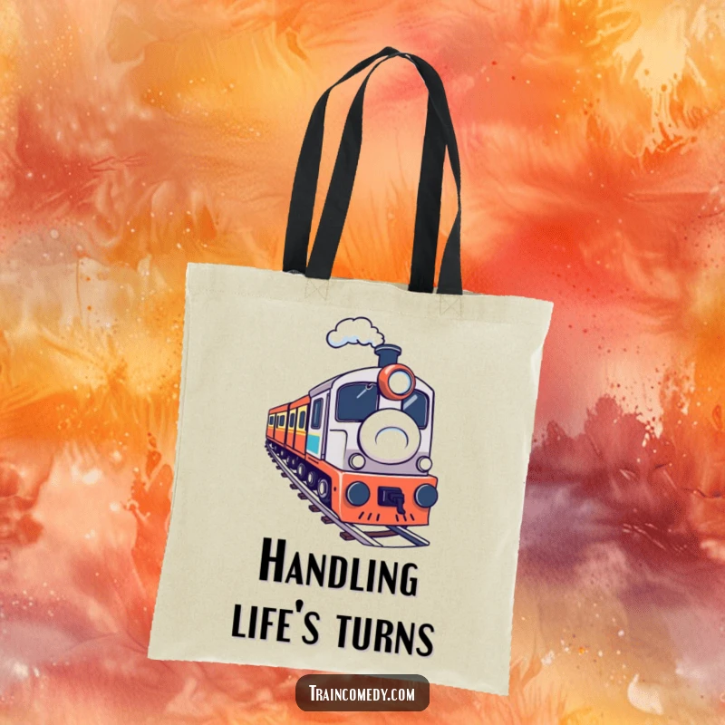A determined train navigating a sharp curve, depicted on a humorous and practical tote bag. A great funny gift.