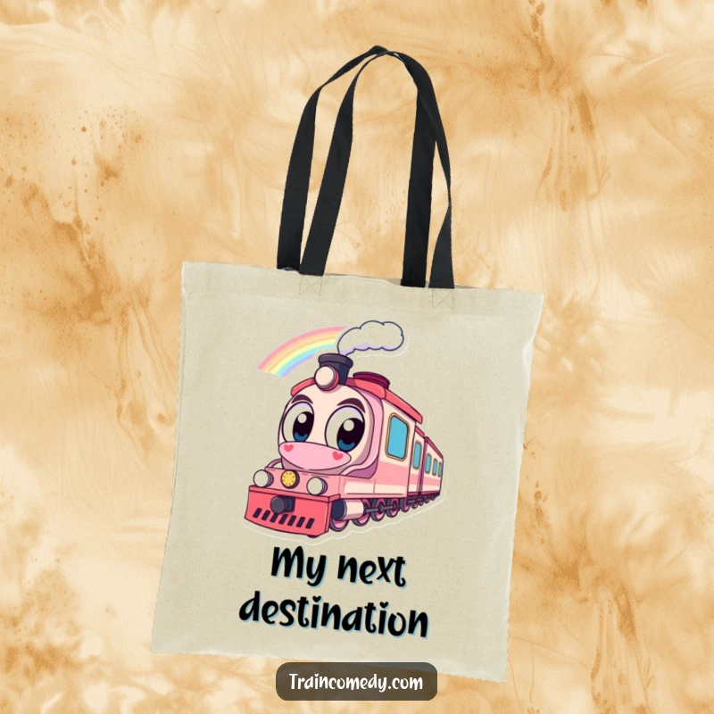 Funny tote bag depicting a train with large eyes looking at a rainbow, ideal for shoppers who appreciate colorful and whimsical designs.