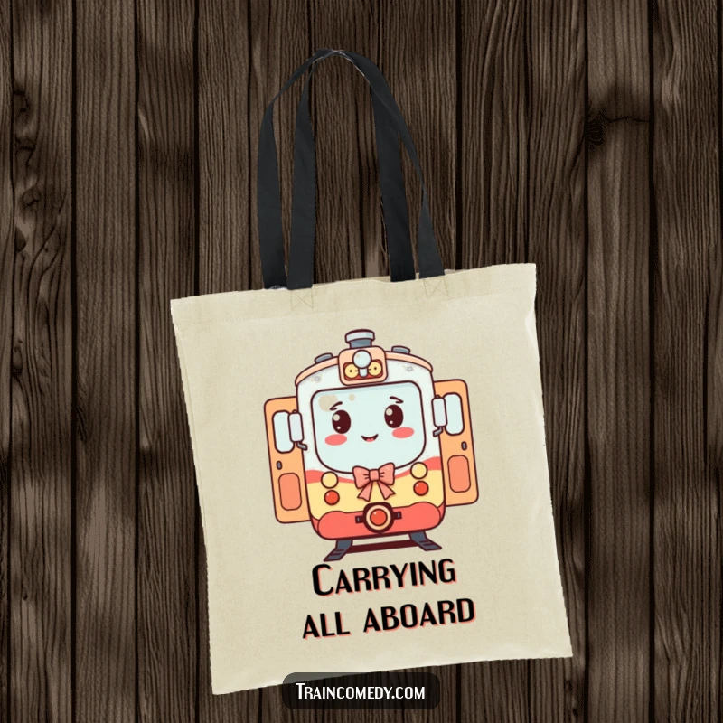Funny Train Tote Bag: A bowing train character with open doors is ready to carry your items with funny, friendly efficiency.