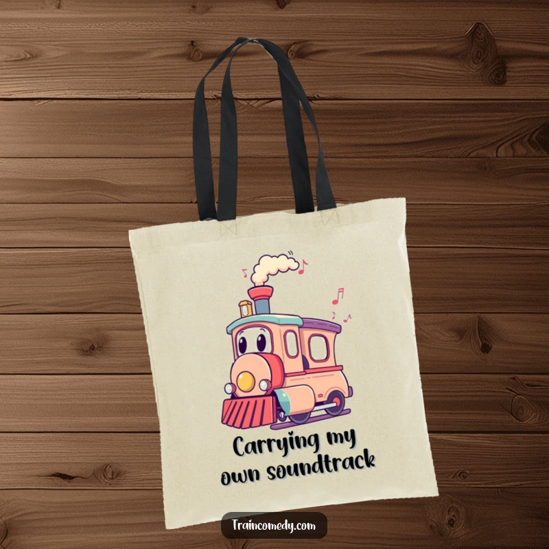 Funny Train Tote Bag: A train character with musical notes flowing from its chimney is ready to carry your items with funny rhythm.