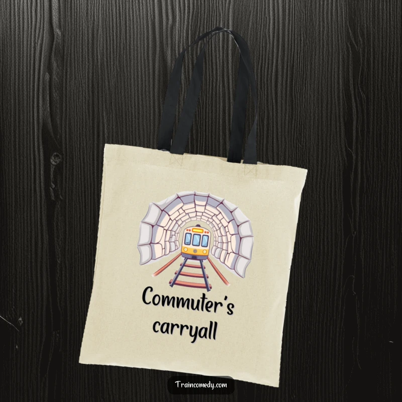 A train car emerging from a tunnel, depicted on a humorous and practical tote bag for everyday journeys. A great funny gift.