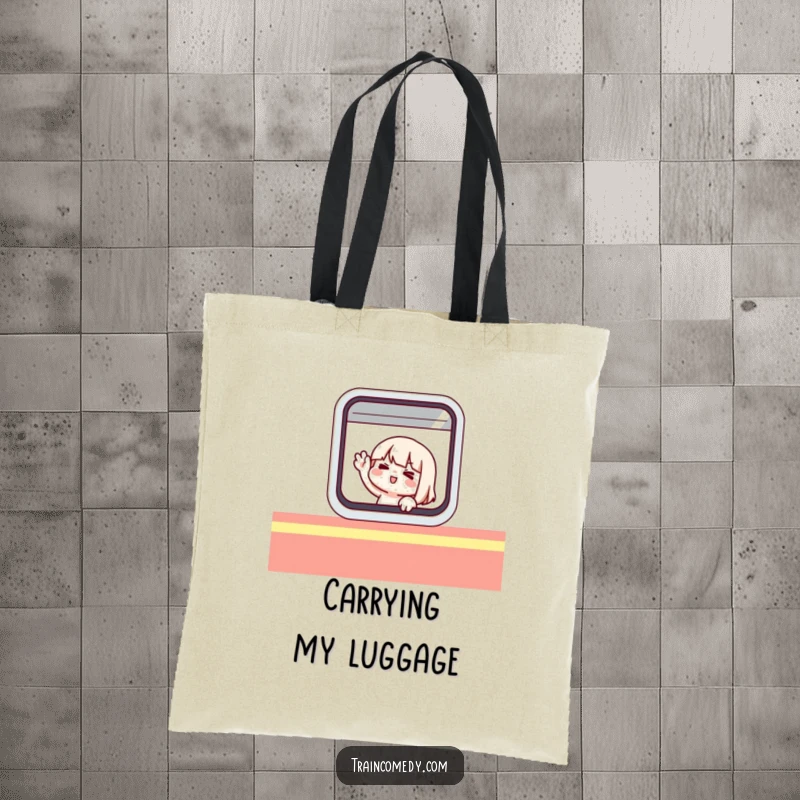 Funny tote bag with a cute character comically waving from inside a stylized train window, exuding joy.