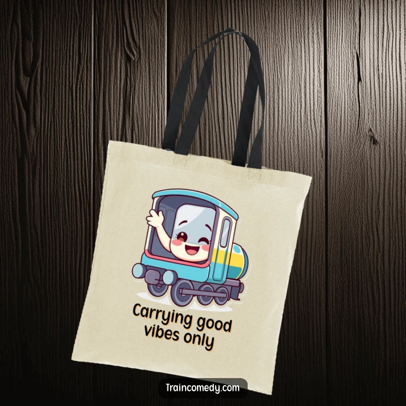 Funny train tote bag showcasing a smiling locomotive waving from its window, a humorous and practical accessory for carrying daily items.