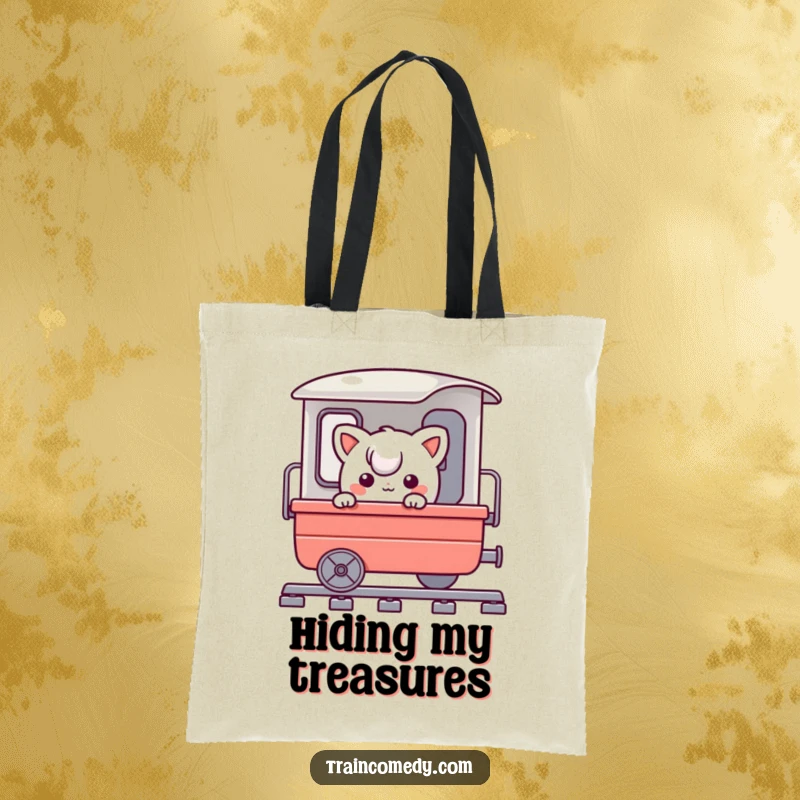 Funny tote bag showing a playful character comically peeking around a train cart, ideal for carrying travel essentials with a whimsical flair.