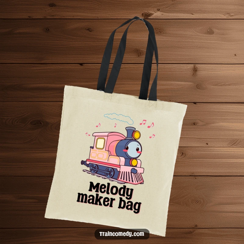 Funny tote bag featuring a cheerful train engine tooting, leaving a trail of musical notes.