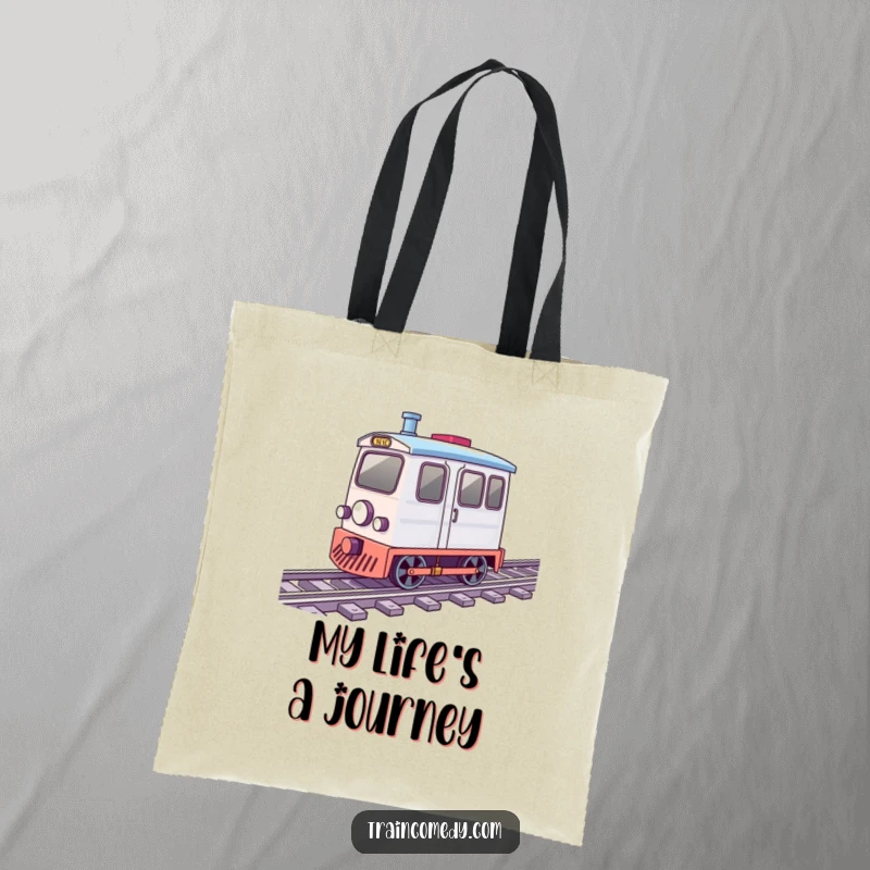 Funny tote bag depicting a small train car with wheels spinning rapidly as it travels along railroad tracks.