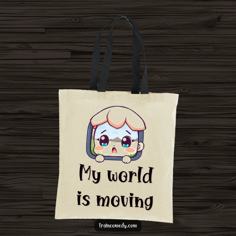 Funny tote bag featuring a surprised character with wide eyes admiring a passing landscape, great for travelers and sightseers.