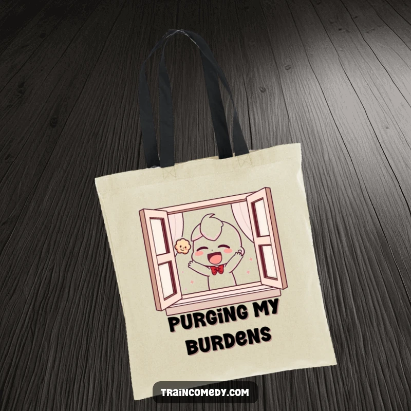 Funny tote bag featuring a giggling character playfully tossing a plush toy out of a window, great for carrying everyday items humorously.