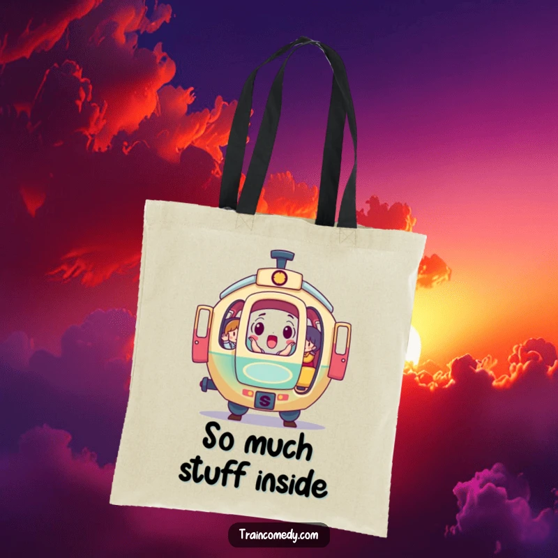 Funny tote bag with a surprised, round train car, doors open, revealing a charming group of colorful passengers, a practical and humorous accessory.