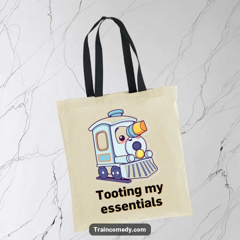 Funny kawaii train character gleefully tooting its horn with a smile on a practical and cheerful tote bag.